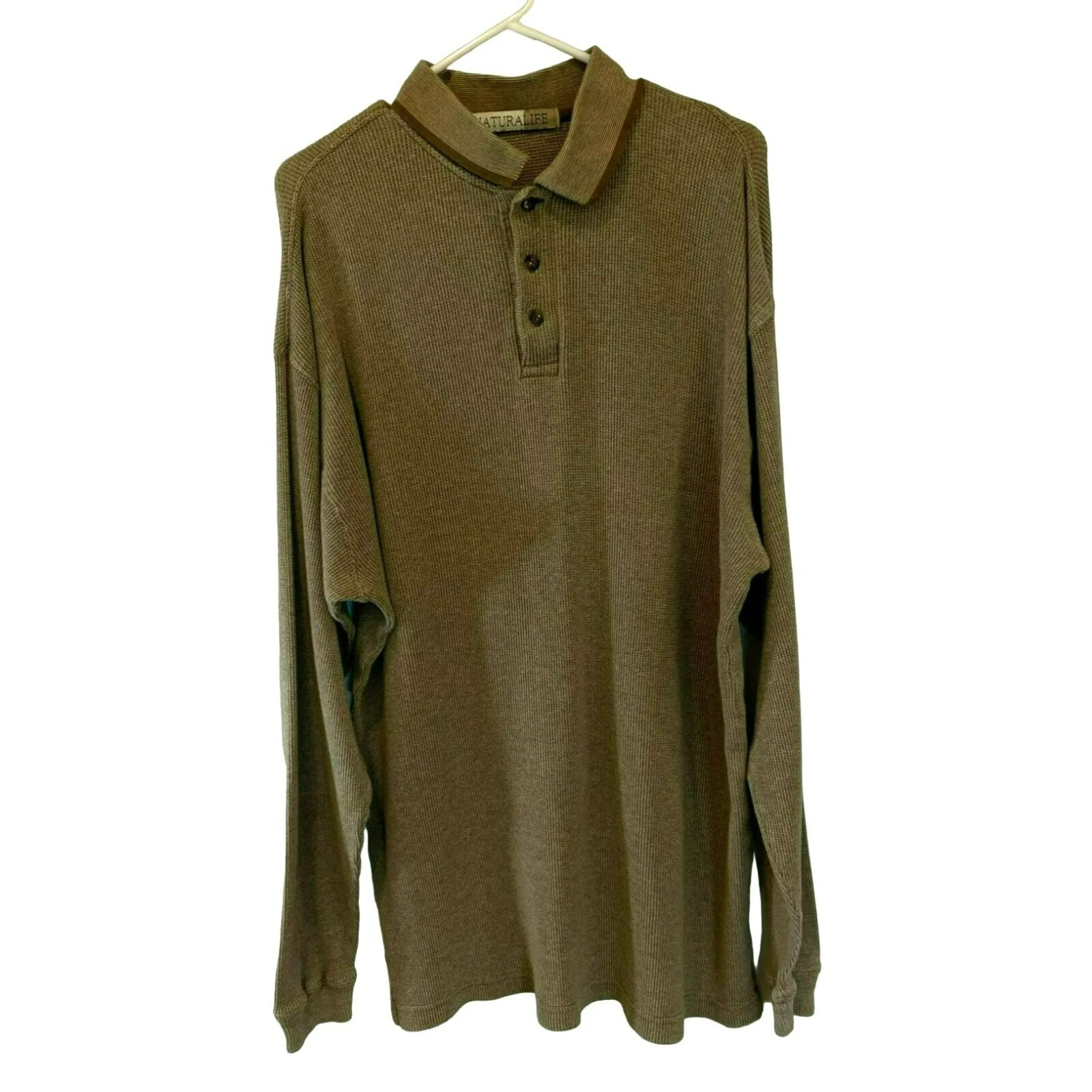 NaturaLife Men's 3-Button Long Sleeve Waffle Knit Collared Shirt Size XL in Tan
