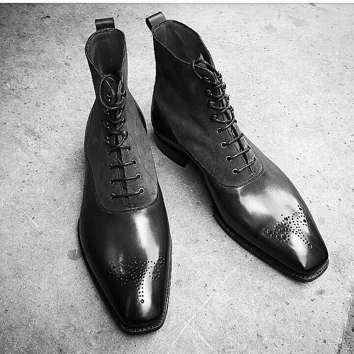 Men Two Tone Lace Up Boots Men Genuine Suede Leather Hand Stitch Ankle Boot 7-17