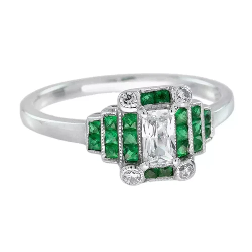 Art Deco Style Lab Created Diamond Green Emerald Wedding Ring 14K White Gold FN - Picture 2 of 10