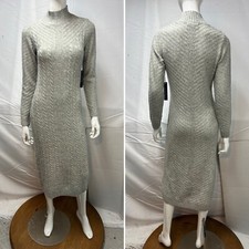 NWT Tahari Women's Small Gray Cable Knit Mock Neck Midi Sheath Sweater Dress
