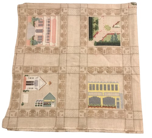 Vtg Kitchen Handmade Cross Stitched on the House Trees Tablecloth 52.5”x50.5” - Picture 2 of 9