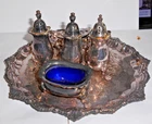 VICTORIAN 5 X PC EPNS CRUET SET WITH BLUE GLASS INSERTS AND TRAY  SHEFFIELD UK