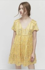 Urban Outfitters Pippa Babydoll Dress Yellow Floral Tiered Mini Boho Size Small