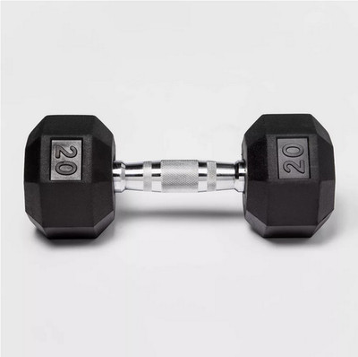 Hex Dumbbell 20lbs Black Rubber Coated, Chrome Handle Single Piece