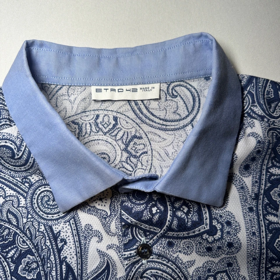 Etro Button Shirt Men's 42 Blue Paisley Print Long Sleeve Made in Italy Contrast - Image 4 of 4