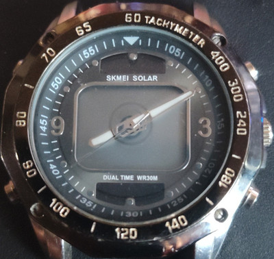 SKMEI Solar Dual Time Men's Wristwatch, Water-Resistant, Silver Case, Black Dial