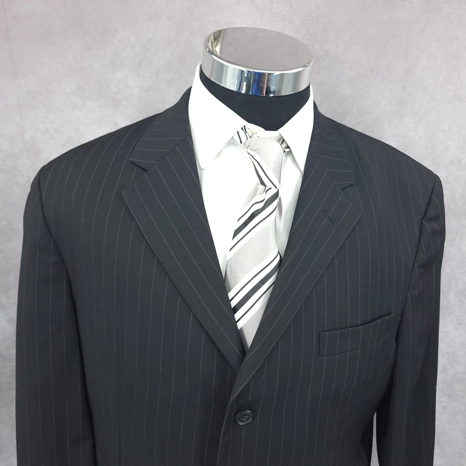 Andrew Fezza Blazer Mens 42 R Black Pinstripe 100% Wool Sports Coat 3 Buttons - Image 4 of 4