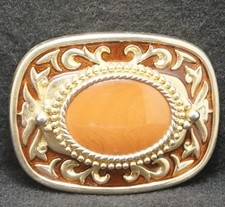 XA09140 VINTAGE 1970s  ORANGE STONE  FLORAL NATURE ARTWORK UNISEX BELT BUCKLE
