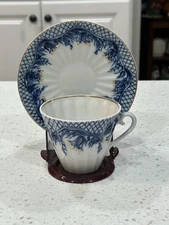 Lomonosov Russian Imperial Porcelain Teacup Saucer Set Bluebell Design 24k Gold