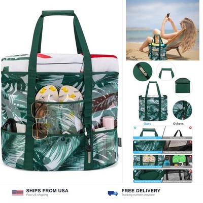 KABAQOO Mesh Beach Bag, Extra Large Beach Bags with 9 Pockets & Zipper Waterp...