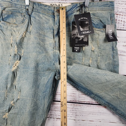 Pantalones de mezclilla R3bel calce recto para hombre W 42x 32 desgastados lavado arrugado nuevos con etiquetas - Imagen 14 de 15