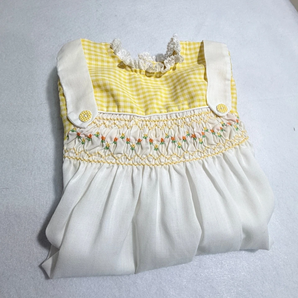 复古黄色格子缩褶婴儿连衣裙蕾丝装饰袖口复活节 3T — 第 3/4 张图片