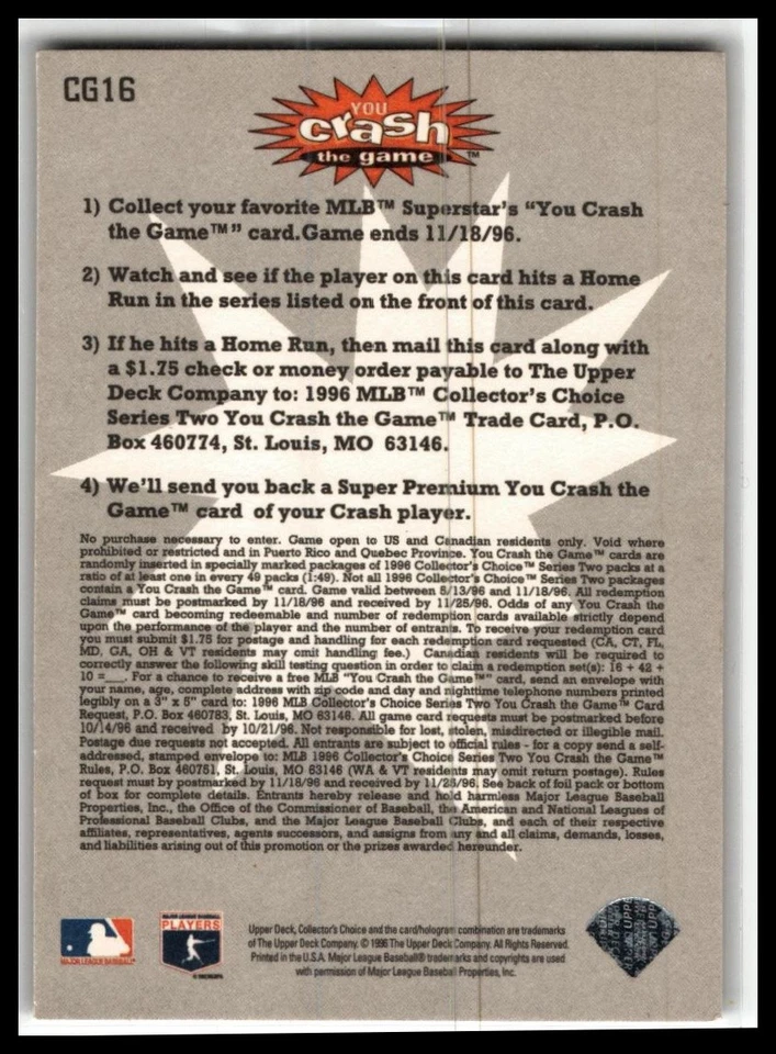 1996 Collector's Choice #CG16a Larry Walker You Crash the Game June 24-26 - Image 2 of 2