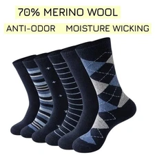 High Quality Merino Wool Thick Dress Socks 8.5-12 Geometric Anti-Odor 6 Pack