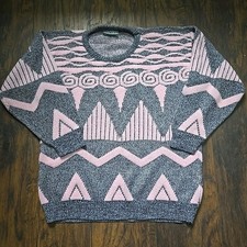 Vintage ADELE 80s Sweater Pink Black Geometric Knit Pullover 20x24 Retro M USA