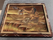 VTG Black Velvet Painting Native American, W/ Eagle Hand Made Frame Folk Art.