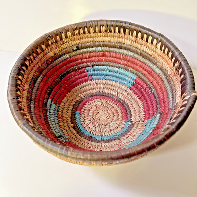 Round Hand Woven Multi-color Basket Teal Cranberry Brown Tan 9 inch African?