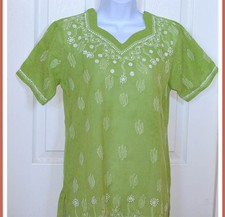 EMBROIDERED COTTON GREEN COLOR TUNIC TOP SHORT SLEEVE KURTI FROM INDIA