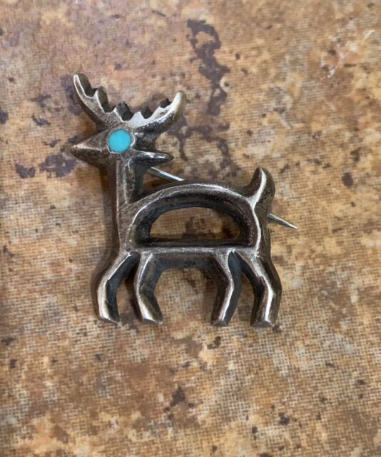 Southwest Sand Cast Sterling Silver and Turquoise Deer Pin Southwest Sand Cast Sterling Silver and Turquoise Deer Pin