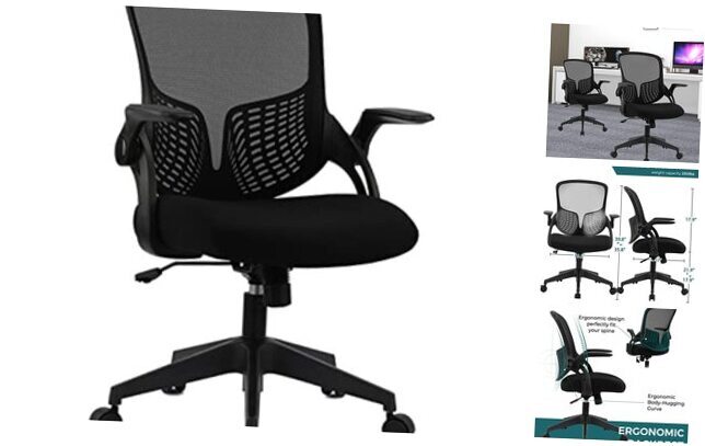 Ergonomic Desk Chair Mesh Home Office Chair with Flip Up Armrests Black Modern-image