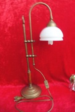 Beautiful, Old Table Lamp, Brass - Wood With Glass Shade, Adjustable