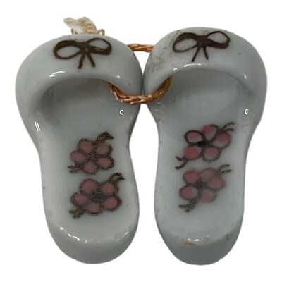 Miniature Pair Ceramic Shoes Tiny Sandals Slippers White Gold Bows Pink Flowers
