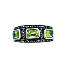 Sterling Silver Baguette Peridot Marcasite Band Ring Sz. 9.75 3 Stone Signed FAS