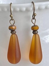 Bronze and Burnt Orange Frosted Sea Glass Teardrop Earrings.