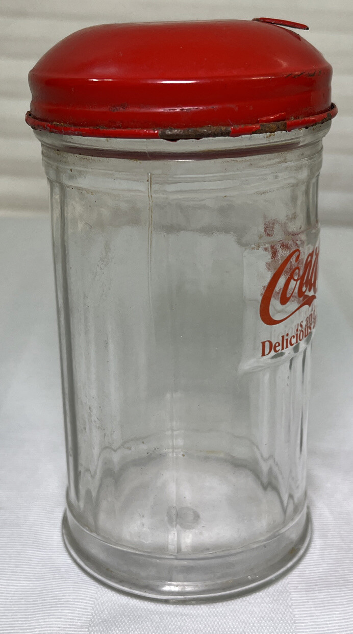 Vintage COCACOLA Glass SUGAR SHAKER JAR Red METAL LID Restaurant Style