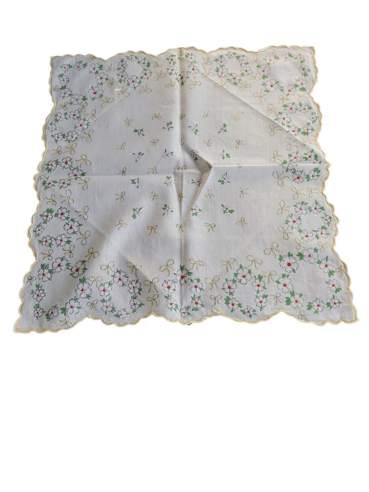 Pañuelo De Colección Navidad Vacaciones Blanco Borde Amarillo Pañuelo Flor Corona Foto 4 de 4