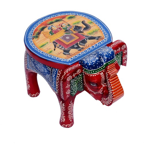 Handmade Wooden Elephant Stool, Mughal Hand Painted Stool for Home Decor - Picture 2 of 4