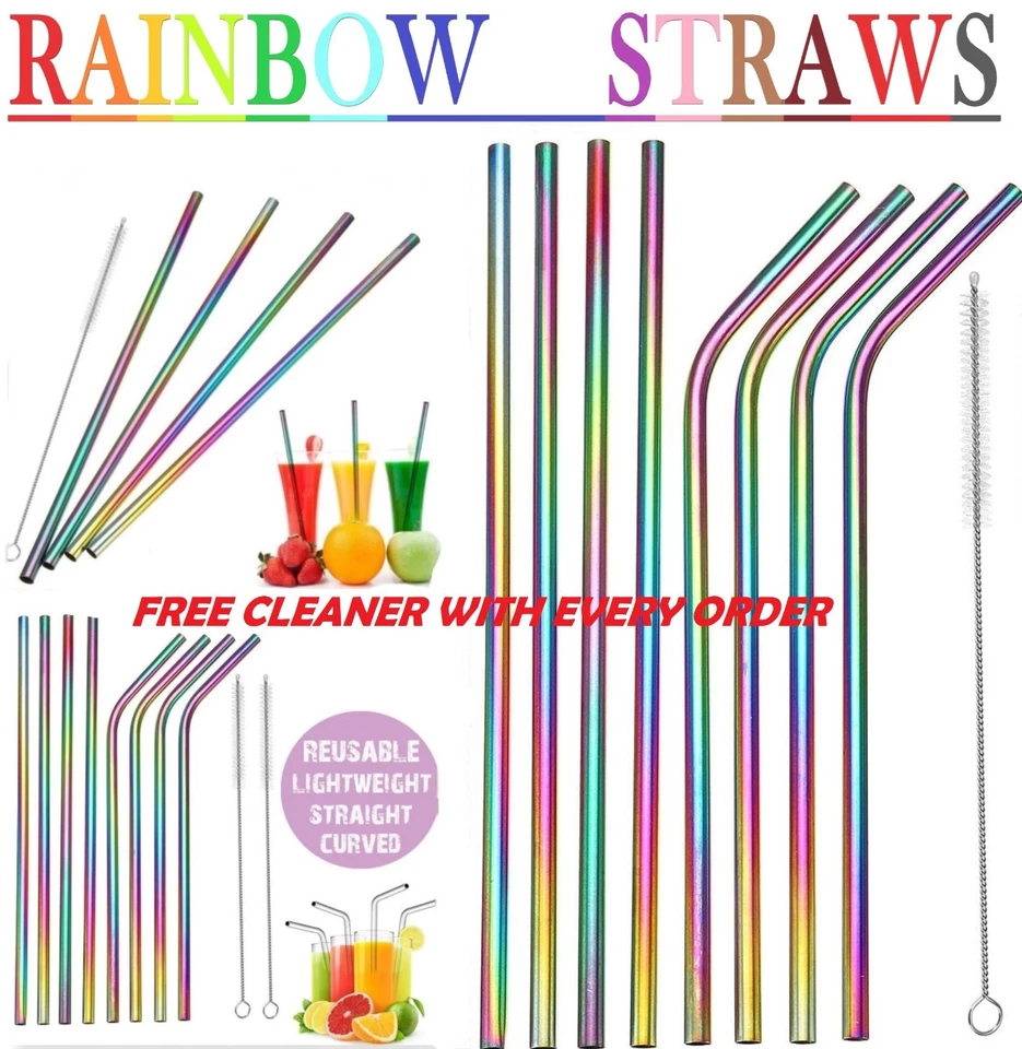 RAINBOW Metal Drinking Straws Steel Drinks Party Straw Cleaner Reusable Bar..- - Image 2 of 2