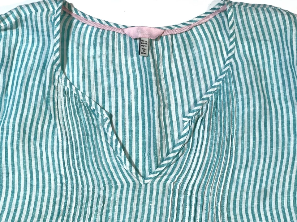Blusa Camisa Top Joules Roxie Pucker Turquesa Blanca Rayas Pintuck Lino EE. UU. 12 Foto 2 de 4