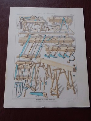 carpentry tools / equipment PLANES SAWS  30 x 40cm  large Victorian  bookplate 