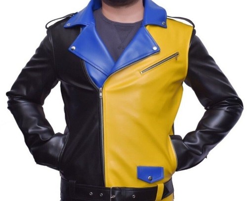 Gothic handmade Men's Block Print Moto Style Faux Leather Jacket - Blue/Yellow - Picture 4 of 5
