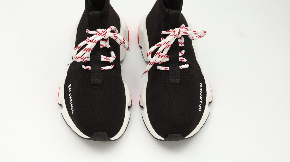 Balenciaga Womens Speed Mid Top Lace Up Black Knit Red Sock
