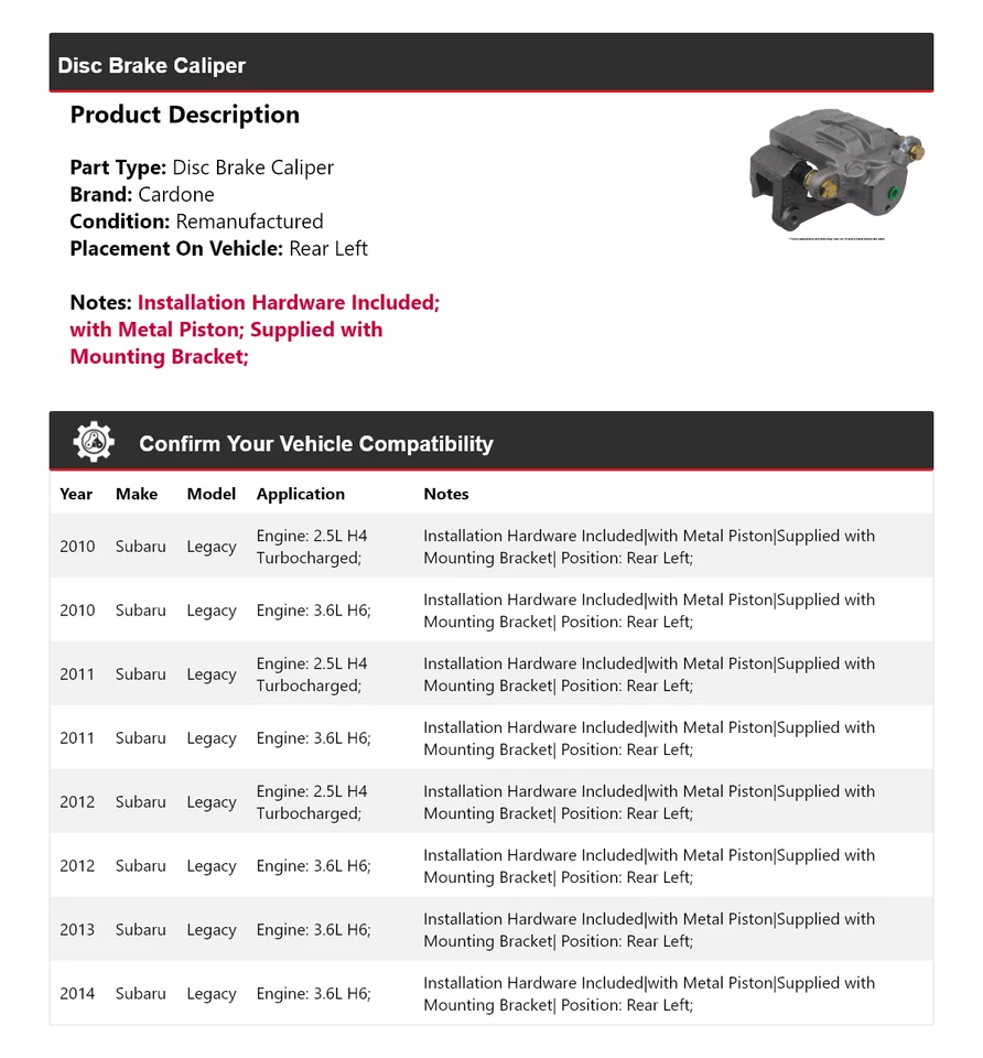For 2010-2014 Subaru Legacy Disc Brake Caliper Rear Left Cardone 2011 2012 2013 - Image 2 of 4
