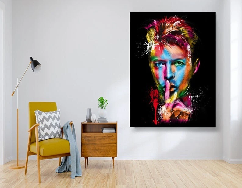 Acuarela Bowie, arte de pared Bowie Hush, arte de hombre guapo, arte de pared con letrero de silencio Foto 2 de 4