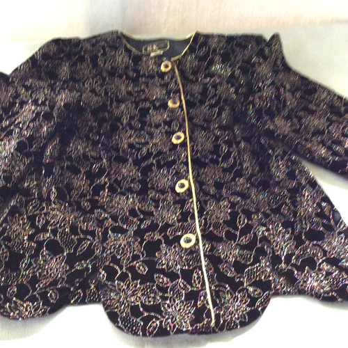 R&K Evening Womens Glam Jacket Blazer Size 14W Black and Gold Sparkle Glam Retro