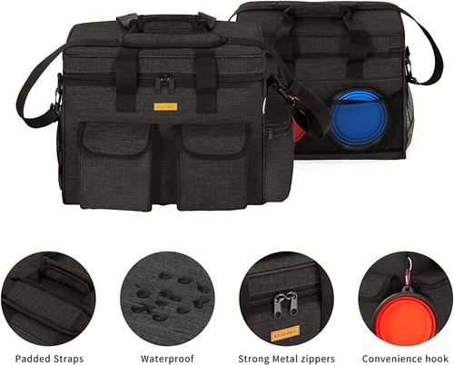 Pet Dog Travel Organizer Bag Set + Collapsible Bowls Black Airline Approved Tote - Picture 2 of 9