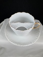 Vintage Porcelain Mustache Cup Saucer White Gold Gilt Embossed Victorian Style