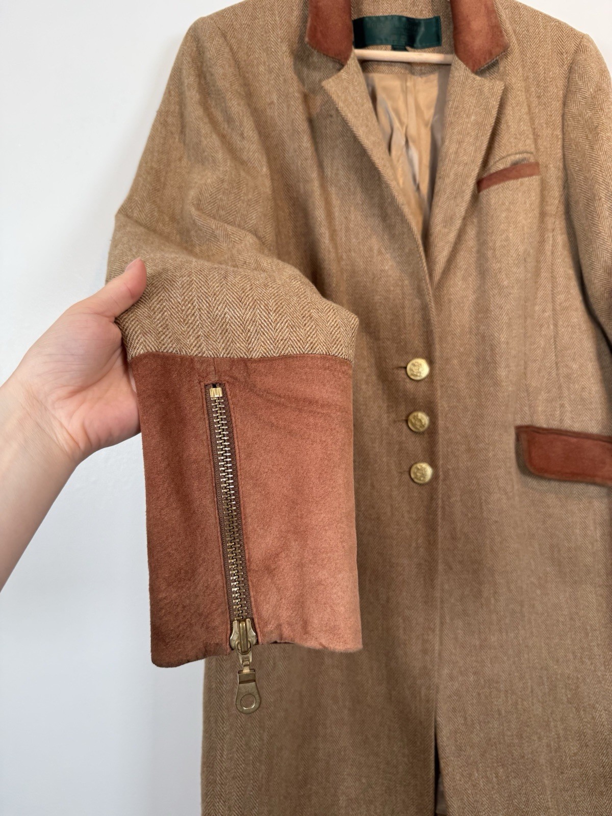 Holland Cooper Coat Size UK 16 Brown Tweed Wool Suede Long Blazer Jacket Country