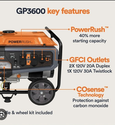 #ad Generac GP3600 Portable Generator 4500W PowerRush COsense Electric Start 120V $599.00