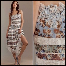 Maeve Anthropologie Square-Neck Mixed Lace Floral Midi Dress Size 4 Small BEAUTY