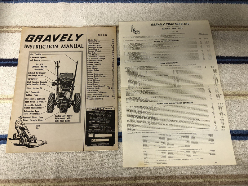 Vintage  Gravely Tractor Instruction Manual ,1959, with original price sheet