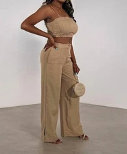 Blu Pepper Top Of The Line Crop Top And Pant Set Tan