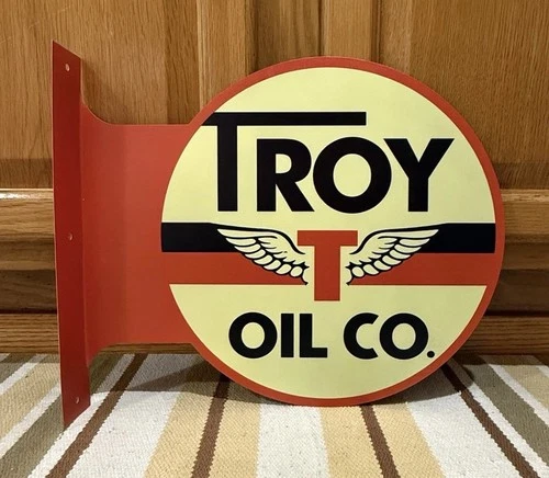 Troy Oil Company Flange Sign Gas Garage Tools Parts Vintage Style Wall Decor