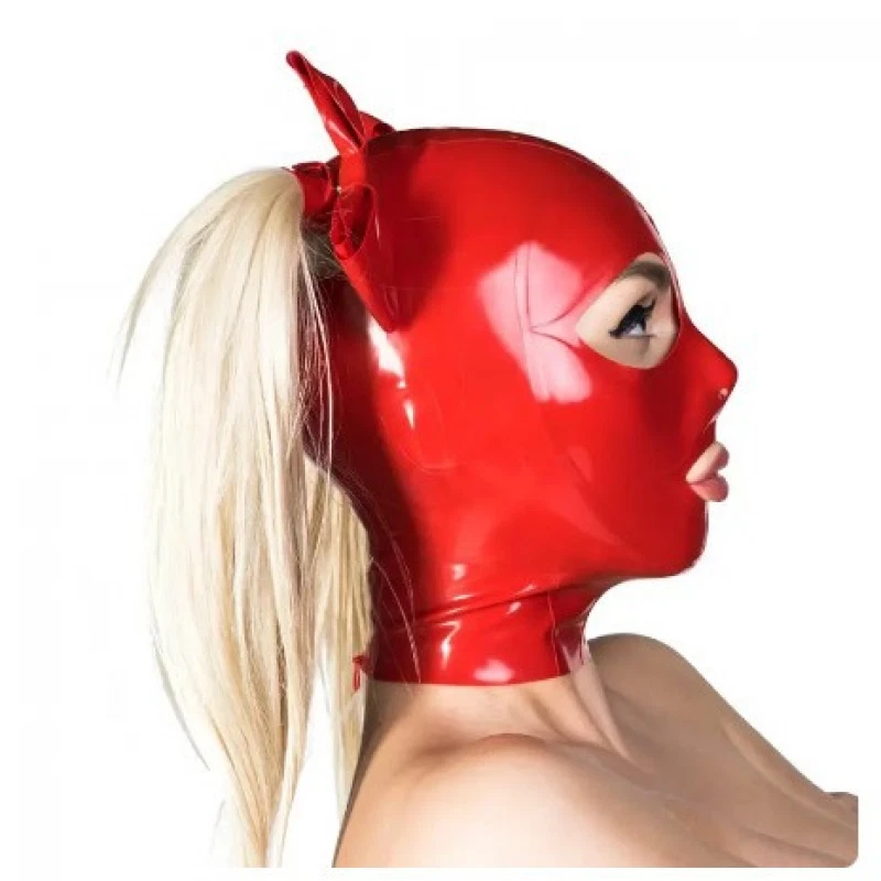 Latex Hood with Blond Ponytail Wig Bowknot Rubber Mask with Hair Pigtail Tube - Image 2 of 3
