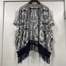 Jolt Womens Navy Blue White Cream Damask Tile Print Fringe Flared Cardigan Sz L
