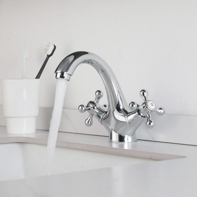 Chrome Brass Bathroom Basin Faucet Double Handle Deck Mounted Sink Mixer Taps